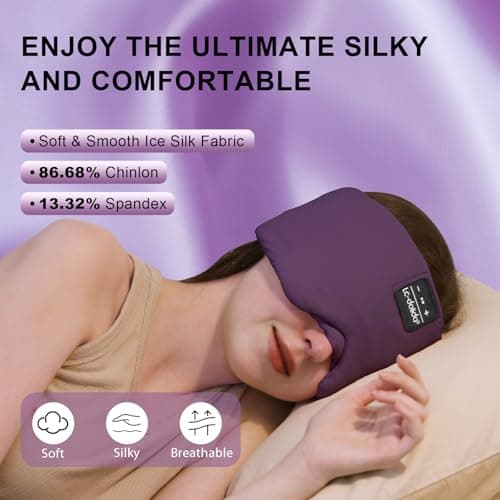LC-dolida Sleep Mask with Bluetooth Headphones, Ice Silk Sleep Headphones with Bluetooth 5.4, Total Blackout Eye Mask for Sleeping, Sleep Soft Mask for Women Men, All Night Sleep, Travel(Purple) - Thumbnail 2