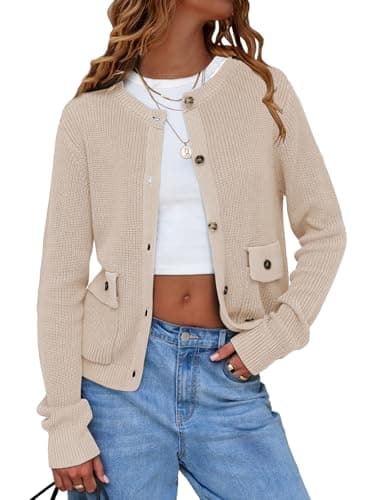 EXLURA Womens 2025 Knit Cardigan Sweaters Spring Fall Crewneck Open Front Button Jacket Fashion Outerwear Coats with Pockets Beige - Image 1