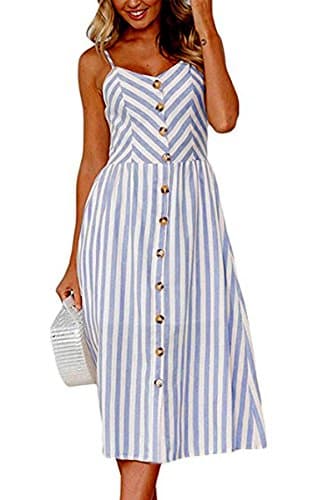 Angashion Women's Dresses-Summer Floral Bohemian Spaghetti Strap Button Down Swing Midi Dress 0895 Blue 2XL - Image 1