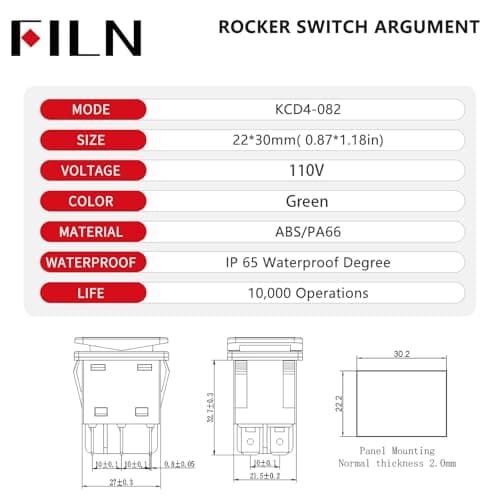FILN 2PCS KCD4 Toggle Switch on Off 30A Marine IP65 Waterproof Rocker Switch 110v Green LED 30x22mm for Cars,Boat, and DIY Enthusiasts(Green Aluminum Alloy) - Thumbnail 2