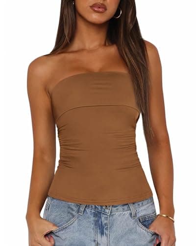 BTFBM Womens Strapless Tube Tops Spring Summer Clothes 2026 Trendy Casual Ruched Stretchy Going Out Bodycon Bandeau Top(Brown, Large) - Image 1