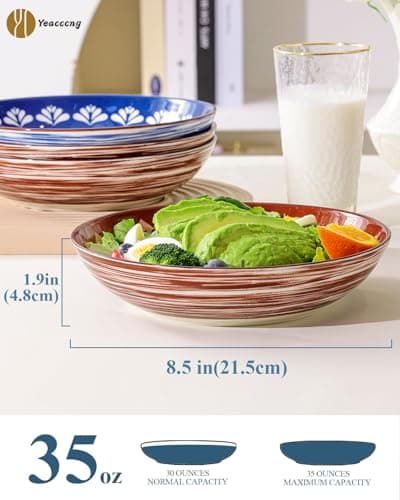 Yeacccng Pasta Bowls Set of 6, 35 Oz Ceramic Large Salad Bowl, 8.5 Inch Colorful Serving Bowls for Kitchen, Dishwasher & Microwave Safe, Scratch-Resistant, Lead-Free (Brown*3 + Blue*3) - Thumbnail 2
