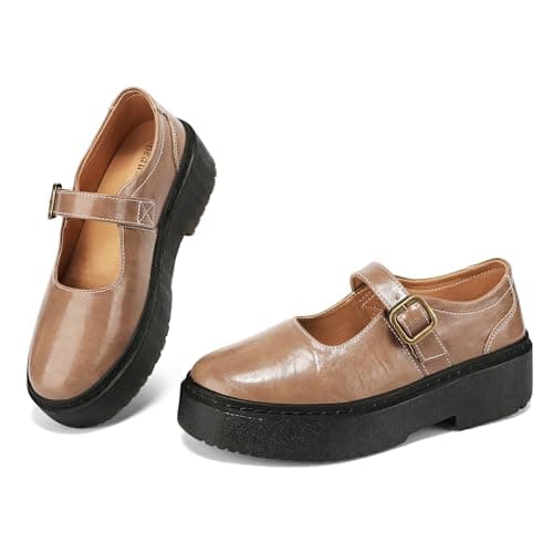 BEAUSEEN Women's Mary Jane Shoes with Platform Sole - Comfort Round Toe Strap Ballet Flats for Women - Chunky Heel Dress Flats Nude,7 US - Image 1