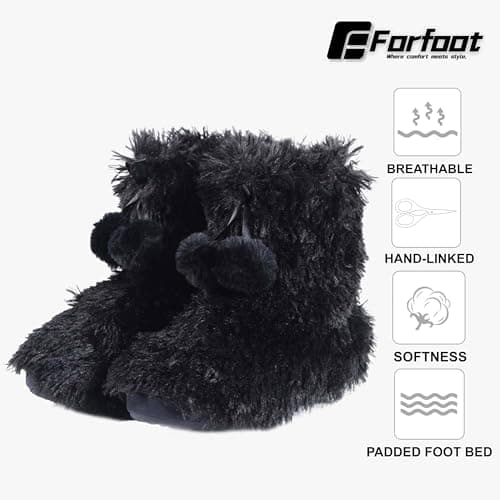 Forfoot Womens Slippers, Warm Plush Black Home Slippers Boots Anti Skid Durable Sole Slip on Indoor and Outdoor House Shoes Size 9-10 - Thumbnail 4
