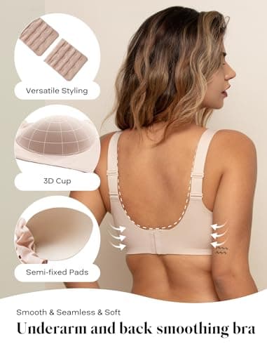 COMFELIE Seamless Wire-Free Minimizer Bra, Full Coverage V-Neck Breathable Bra with Adjustable Straps for Full-Figured Women Nude - Thumbnail 3