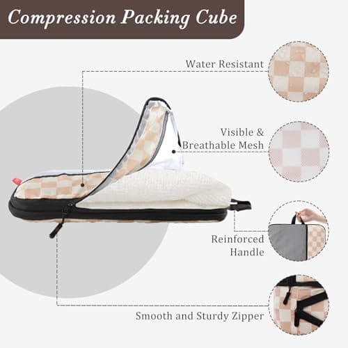 U+U 10 Set Compression Packing Cubes - Ultralight Travel Organizers with Laundry Bag and Cosmetic Bag, Space-Saving Suitcase Organizer for Travel, Business Trip and Family Vacation (Khaki Checkered) - Thumbnail 2