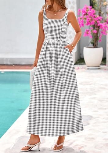 PRETTYGARDEN Women's 2026 Summer Spaghetti Strap Maxi Dresses Plaid Square Neck A Line Casual Beach Vacation Long Sundress (Grey,XX-Large) - Thumbnail 3