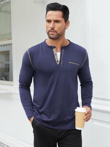 Hardaddy Men's Color Contrast Henley Shirt Long Sleeve Button T-Shirt Lightweight Henley Tshirt for Men Basic Pullover Shirt with Pocket Navy Blue 3XL - Thumbnail 3