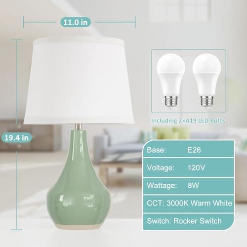 Seealle Modern Green Table Lamps Set of 2 - Bedside Lamps for Night Stands, 19.4" Bedroom Lamps for Living Room Sage Green Lamps with Rocker Switch - Thumbnail 6