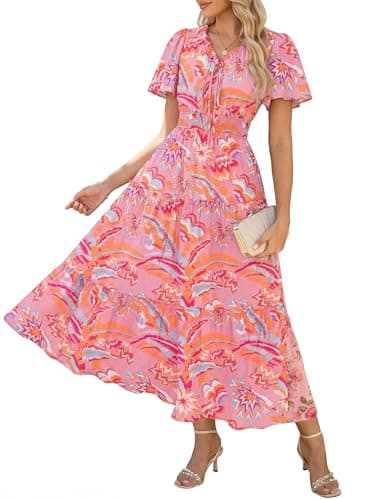 GRACE KARIN Womens Summer Floral Maxi Dresses 2026 Short Sleeve V Neck Dress Casual Flowy Beach Vacation Sundress with Pockets Pink Floral 2XL - Image 1