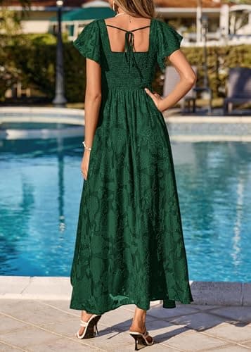 KIRUNDO Cocktail Dresses for Women Elegant Wedding Guest Summer Formal Maxi Lace Floral Slit Prom Party Bridesmaid Dress (Dark Green, XX-Large) - Thumbnail 3