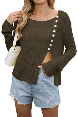 Women Lightweight Sweaters Asymmetrical Hem High Split Off The Shoulder Summer Crochet Sweater Brown M - Image 1