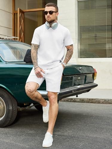 JEMLDL Mens 3XL White 2 Piece Set Summer Jacquard Knit T-Shirt Shorts Outfits Casual Lounge Wear Sweatsuit 3X-Large - Thumbnail 5