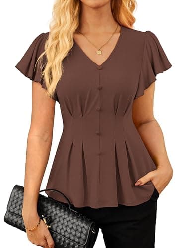 GRACE KARIN Summer Blouses for Women Dressy Casual, 2026 Ruffle Sleeve Peplum Tops, V Neck Business Work Shirts Coffee 2XL - Image 1