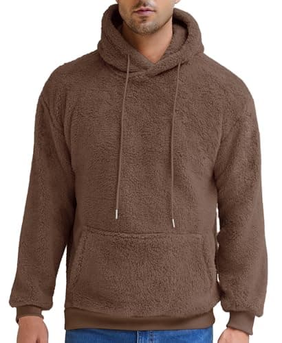 Aimeilgot Sweatshirts for Men Fuzzy Sherpa Hoodie Pullover with Pocket Soft Fleece Long Sleeve Casual Hooded Outwear Regular Fit Light Brown, XX-Large - Image 1