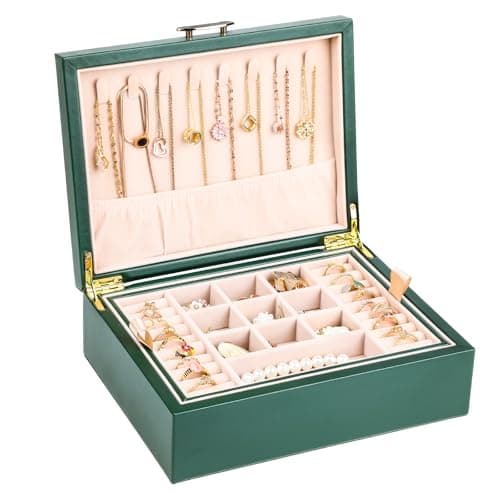 ASINGYER Small Jewelry Organizer for Women, 2-Layer Travel Jewelry Box with Portable Case, Necklace Ring Storage for Dresser, Girls Teens Gifts (Green) - Image 1