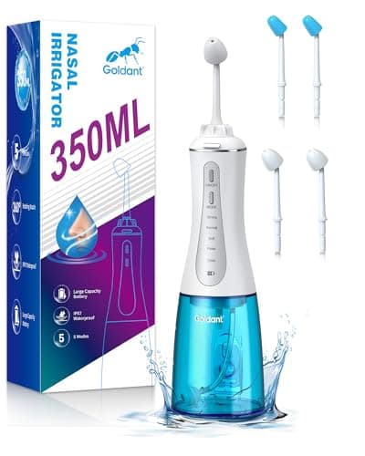 GOLDANT 350ML Neti Pot Sinus Rinse Kit, Nasal Irrigation System with 5 Modes, 4 Nozzles, Cordless Rechargeable, IPX7 Waterproof, Nose Cleaner for Sinus Relief (350ML No Salt)