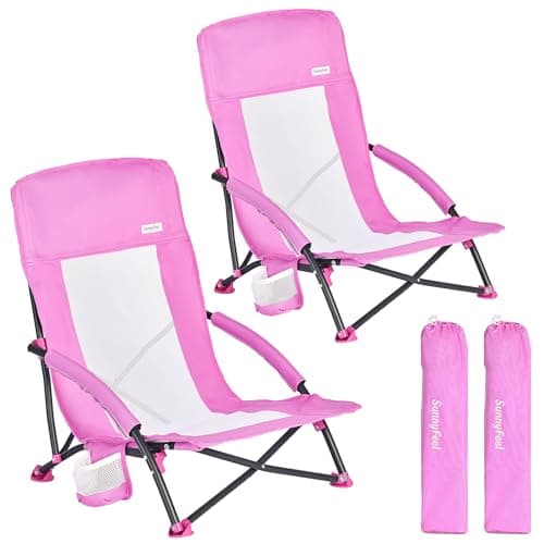 SUNNYFEEL Folding Low Camping Beach Chair 2 Pack, Lightweight Portable Lawn Chair with Mesh Back, Cup Holder for Outdoor/Travel/Picnic/Concert, Foldable Camp Backpack Chair with Carry Bag - Image 1