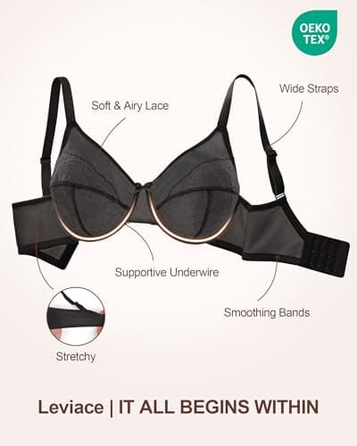 leviace Minimizer Bras for Women Supportive - Lifting Full Coverage Sexy Lace Unlined Underwire Plunge Comfortable Bra for Large Busted, Plus Size Bralette for Heavy Breasts, Black, 38DD - Thumbnail 6