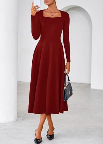 Lazysmile Long Sleeve Fall Dresses for Women Square Neck A Line Flowy Casual Elegant Wedding Guest Party Maxi Dress Wine Red - Thumbnail 4