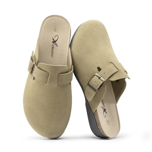 Athlefit Womens Clogs Dressy Casual Taupe Slip On Shoes Buckle Comfortable Cork Footbed Mules for Women with Arch Support for Fall Walking Going Out 8 - Image 1