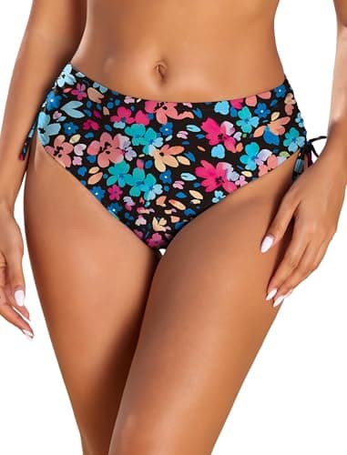 Bathing Suit Bottoms for Women Low Waisted Bikini Bottom Full Coverage Side Tied Cheeky Sexy Swimsuit Briefs Florals Large - Image 1