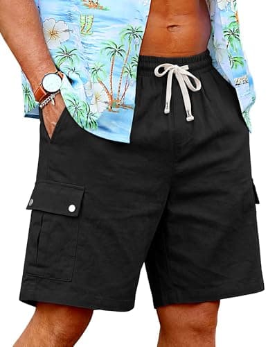 TRFIC Men's Cotton Linen Cargo Shorts - Elastic Waist with Drawstring, 6 Pockets, Summer Beach Vacation, Casual Lounge XX-Large Black - Image 1