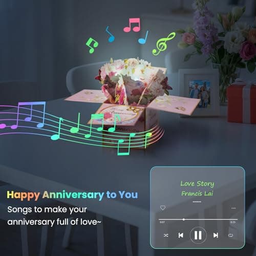 mountova 3D Anniversary Pop Up Cards with Music, Romantic LED Light 3D Flower Gift Box, Handmade Foldable Greeting Cards Box with Envelope for Anniversary,Festivals & Special Occasions - Thumbnail 4