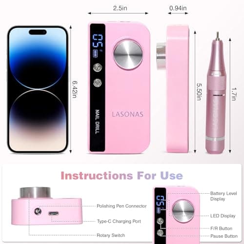 Electric Nail Drill Machine Professional, 35000 RPM Cordless Nail File, Portable Rechargeable Nail Drill and Bits for Acrylic Gel Nails Polishing Removing - Thumbnail 2