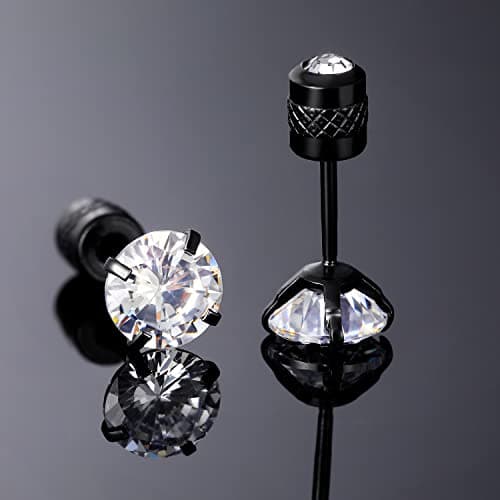 Titanium Screw Back Earrings Black 316L Surgical Stainless Steel Cubic Zirconia Fake Diamond Flat Back Stud Hypoallergenic for Sensitive Ear for Women Men Teen CZ Twist Piercing Post - Thumbnail 2