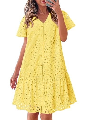 KIRUNDO Eyelet Dresses for Women 2026 Spring Summer Short Sleeve Button Down Loose Mini Babydoll Dress Beach Vacation Clothes(Yellow, Medium) - Image 1