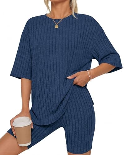 KIRUNDO Short Sets For Women Summer 2 Piece Matching Lounge Sets Casual Rib Knit Tshirts Biker Shorts Beach Vacation Outfits (Blue, Small) - Image 1