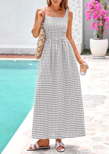PRETTYGARDEN Women's 2026 Summer Spaghetti Strap Maxi Dresses Plaid Square Neck A Line Casual Beach Vacation Long Sundress (Grey,XX-Large) - Thumbnail 5
