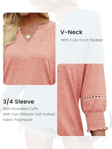Womens 3/4 Sleeve Tops Smocked V Neck Blouses Dressy Casual Fashion T-Shirts Cute Summer Outfits Trendy Orange - Thumbnail 6