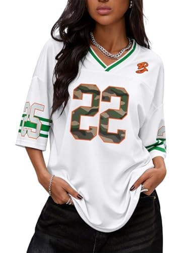 TAKEYAL Oversized Graphic Tshirts for Women Football Jersey V Neck Streetwear Summer Tops Trendy Small White - Image 1