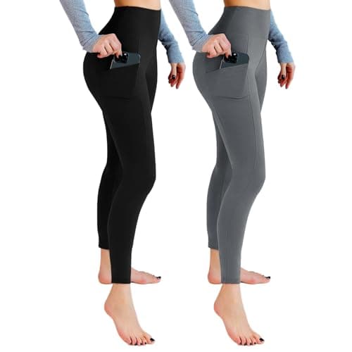 Leafigure 2 Pack Leggings with Pockets for Women, High Waisted Soft Leggings for Yoga Gym Black/Grey SM - Image 1