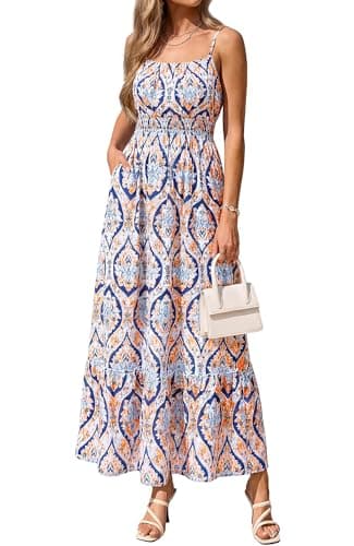BTFBM Summer Dresses for Women 2026 Sleeveless Spaghetti Strap High Waist Boho Beach Vacation Clothes Spring Maxi Dress(Blue Geometry, XX-Large) - Image 1