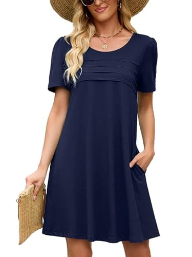 Heymoments Women Short Sleeve Dress Plus Size Navy Blue X-Large Crewneck Casual Flowy Above Knee Length Sundress Comfortable Shirt Work Summer Vacation Cheap Dresses with Pockets - Image 1