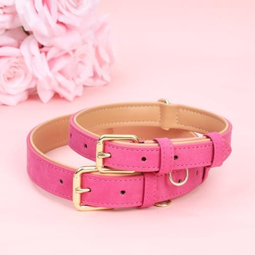 Jumpress Leather Dog Collar for Small Medium Large Dogs, Soft Padded Dog Leather Collar with Heavy Duty Gold Buckle, Durable & Comfortable for Puppy Dogs Daily Walking (Hot Pink, XS) - Thumbnail 4