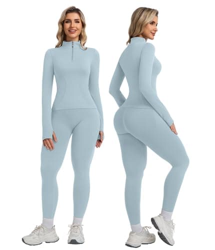 YOAKUKA Womens 2 Piece Workout Sets Quarter Zip Pullover High Waist Butt Lifting Leggings Seamless Yoga Outfits Gym Sets - Image 1