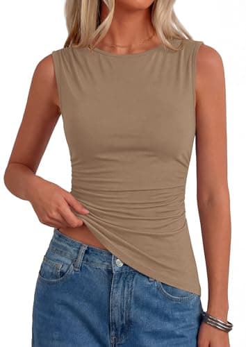 PRETTYGARDEN Womens Tank Top Spring 2026 Ruched Asymmetrical Going Out Top Slim Fit Sleeveless Shirts Summer Clothes(Khaki,XX-Large) - Image 1