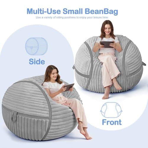 HABUTWAY Bean Bag Chair 3FT Big Bean Bag Chairs for Adults with Memory Foam Filled,3'Beanbag Chair with Soft Faux Fur Cover,Comfy Bean Bag Sofa for Classroom,Living Room,Game Room,Bedroom-Light Grey - Thumbnail 5