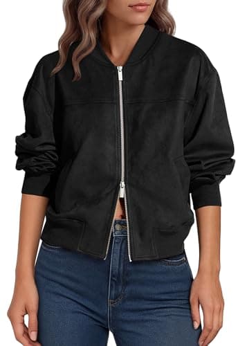 Lazysmile Women's Faux Suede Bomber Jackets Fall Fashion Outfits Winter Clothes Stand Collar Zip Up Coat Outwear with Pockets - Image 1