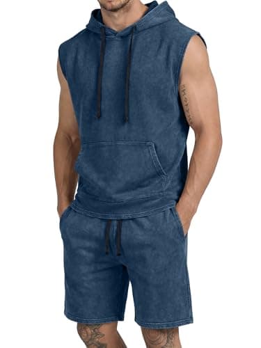 JMIERR Mens Oversized Tshirts Sleeveless Hoodie 2 Piece Set Relaxed Fit Acid Wash Cotton Lounge Shorts Drawstring Soft Comfortable Summer Vacation Outfits, Sail Blue, 3X-Large - Image 1