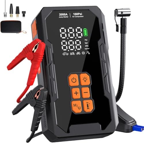 Jump Starter with Air Compressor 160PSI, 12V Car Battery Jumper Starter Portable (8.0L Gas/6.0L Diesel), Car Battery Charger Jump Box Cables with Auto-Shutoff Tire Inflator and LED Light, Black