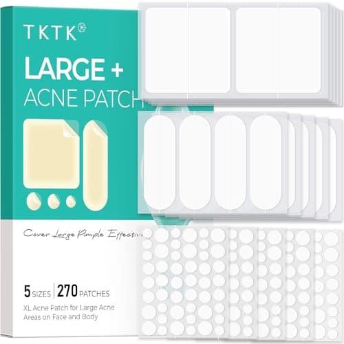 TKTK Hydrocolloid Bandages, 45 x 45 mm Large Pimple Patches for Face, XL Acne Patches for Body, Back, Forehead, Cheek Zit Breakouts, Big Hydrocolloid Patch (Square, Strip, Dot 5 Sizes 270 Count) - Image 1