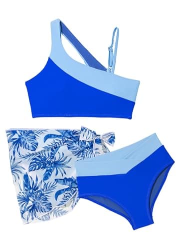 DOKOTOO KIDS Girls Swimsuit 3 Pieces High Waisted Bikini Set Tween Girl Bathing Suits Beach Cutout Padded Contrast Summer Swim Top Bottom with Cover up Blue Size 6 7 Year Old - Image 1