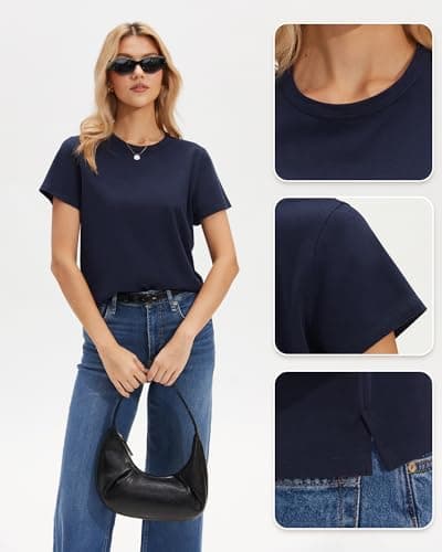 Stelle Women's Short Sleeve Crewneck T-Shirts Cotton Basic Tees Summer Casual Solid Crop Tops Navy Blue X-Small - Thumbnail 6