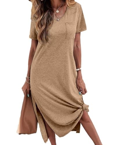 Dyexces Women Summer T Shirt Dress Short Sleeve Casual V Neck T Shirts Maxi Dresses Loose Side Slit Long Tshirt Midi Dress Tshirts with Pockets Khaki - Image 1