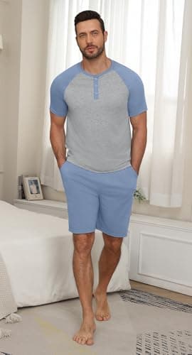 NITAGUT Mens Pajama Set 2 Piece Henley Sleepwear Lightweight Short Sleeve Loungewear Soft Comfy Sleep Set with Button,Blue M - Thumbnail 2